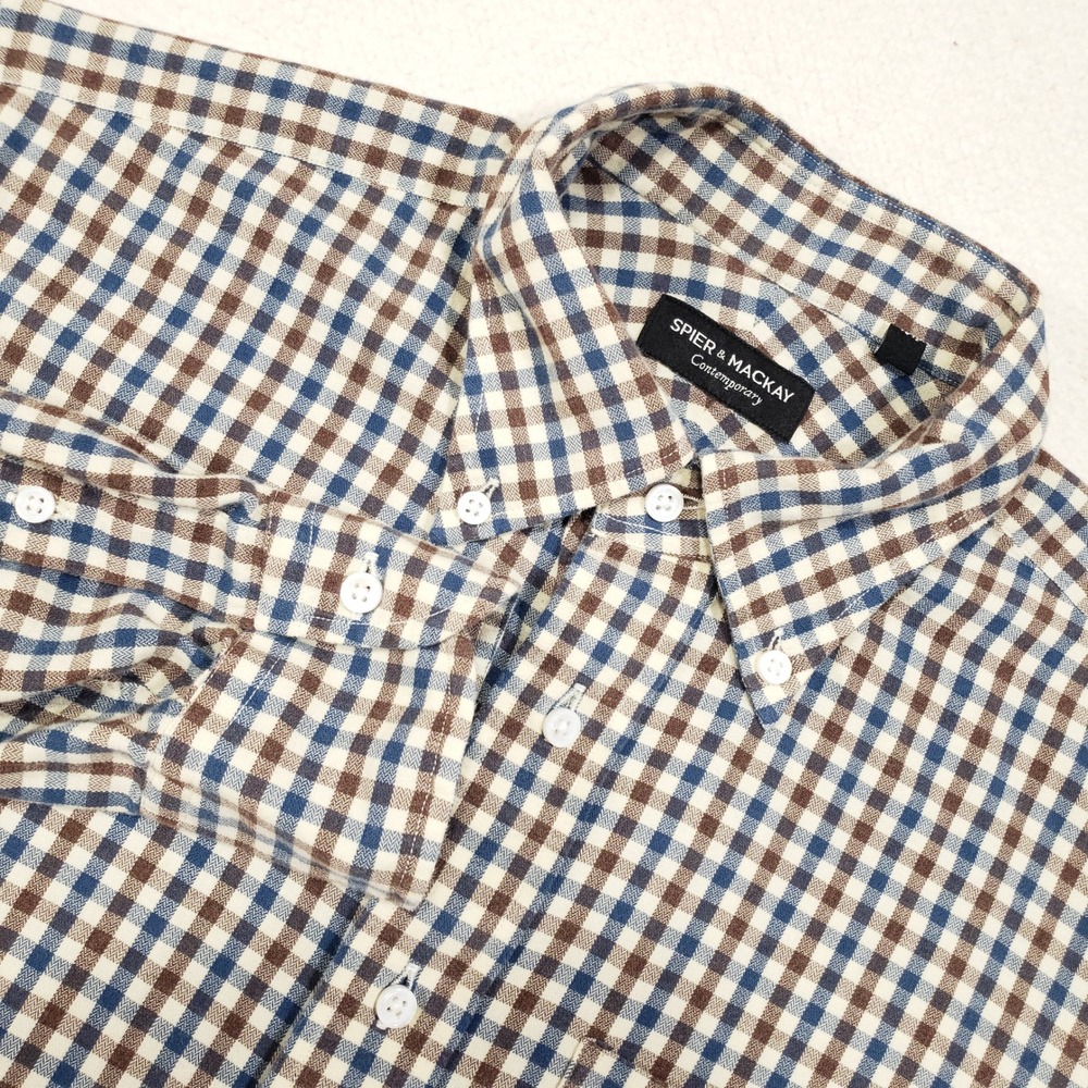 Spier & Mackay Shirt Mens 15.5 Blue Brown Check Contemporary Fit Long Sleeve